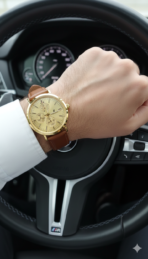 Hublot Classic Elegance: Golden Chronograph with Premium Tan Leather Strap - Image 2