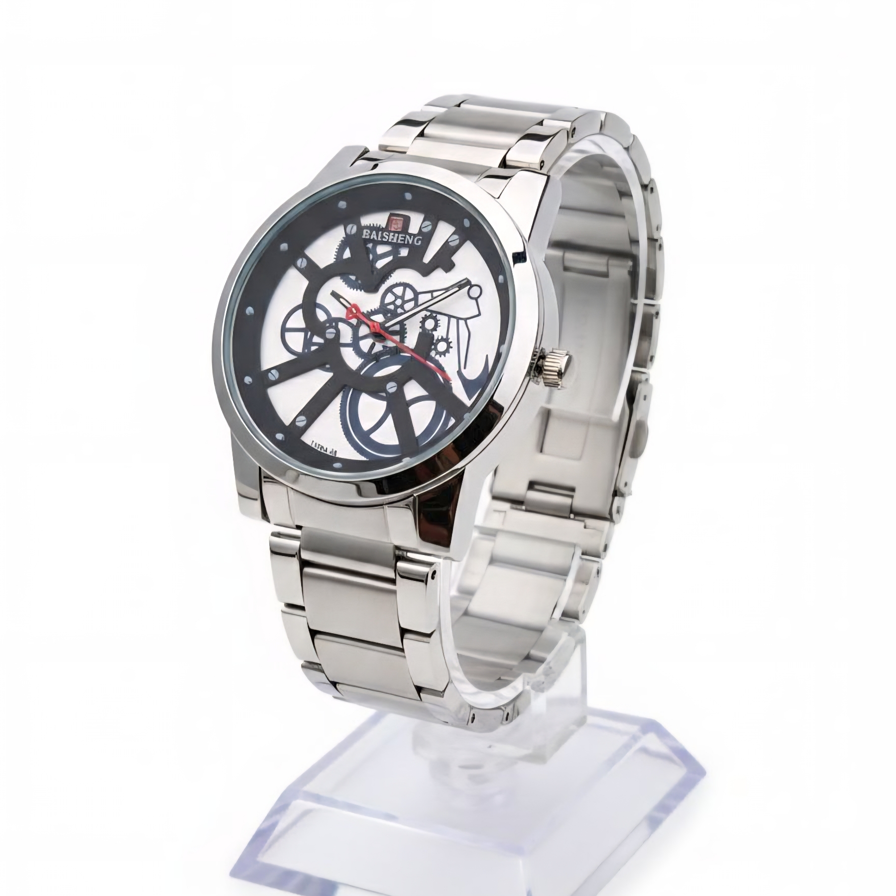 20260104_195505 Baisheng Men's Luxury Skeleton Dial Mechanical Watch – Silver Stainless Steel Strap - Image 1