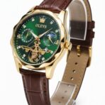 ​OLEVS Luxury Automatic Skeleton Watch – Emerald Green Dial with Leather Strap