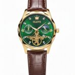 ​OLEVS Luxury Automatic Skeleton Watch – Emerald Green Dial with Leather Strap - Image 2